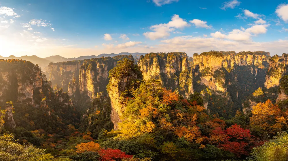 張家界秋季晴天的袁家界峰林全景,能見度全年最高,是攝影與觀光的最佳時節 張家界秋季晴天的袁家界峰林全景,能見度全年最高,是攝影與觀光的最佳時節