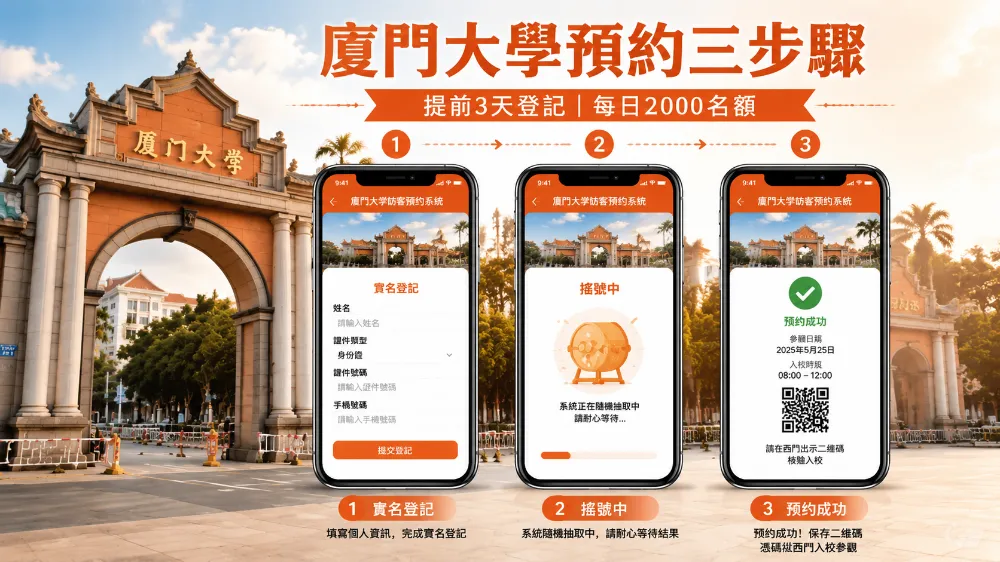 廈門大學訪客預約系統操作流程示意圖，顯示提前三天實名登記、系統搖號、查看結果三個步驟，每日僅2000至2500個名額，需透過官方微信小程式預約