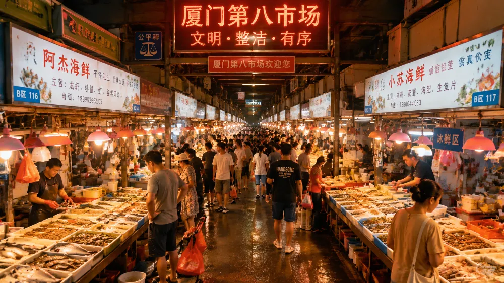 廈門第八市場內部實景，攤位上陳列新鮮海產，本地顧客正在挑選海鮮，市場內人潮絡繹不絕，是廈門最大最傳統的綜合性農貿市場