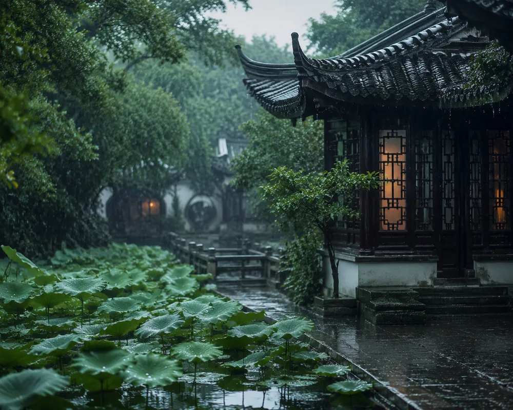蘇州拙政園下雨天煙雨江南古典園林空景攝影大片