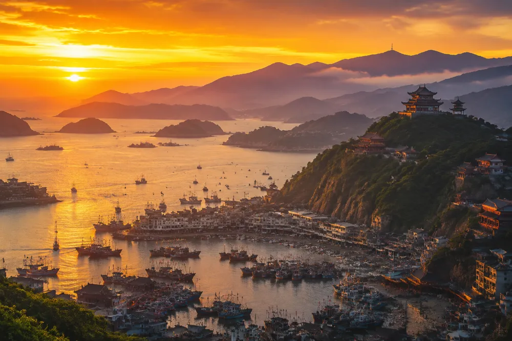 2027舟山旅遊群島夕陽空拍與漁港海景 2027舟山旅遊群島夕陽空拍與漁港海景