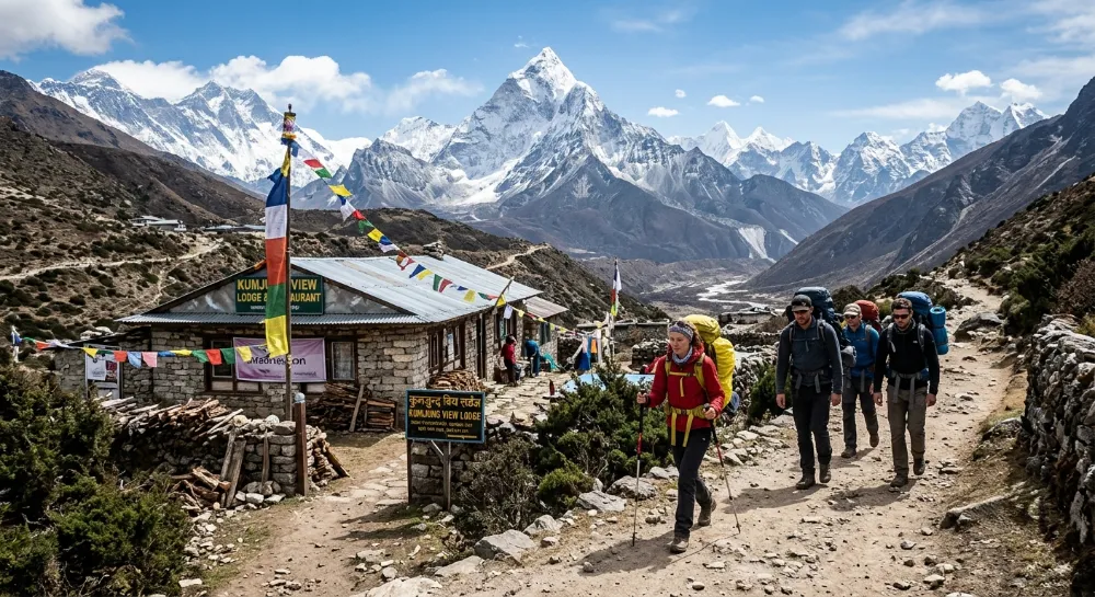 尼泊爾EBC徒步路線上的徒步者與雪山 尼泊爾EBC徒步路線上的徒步者與雪山