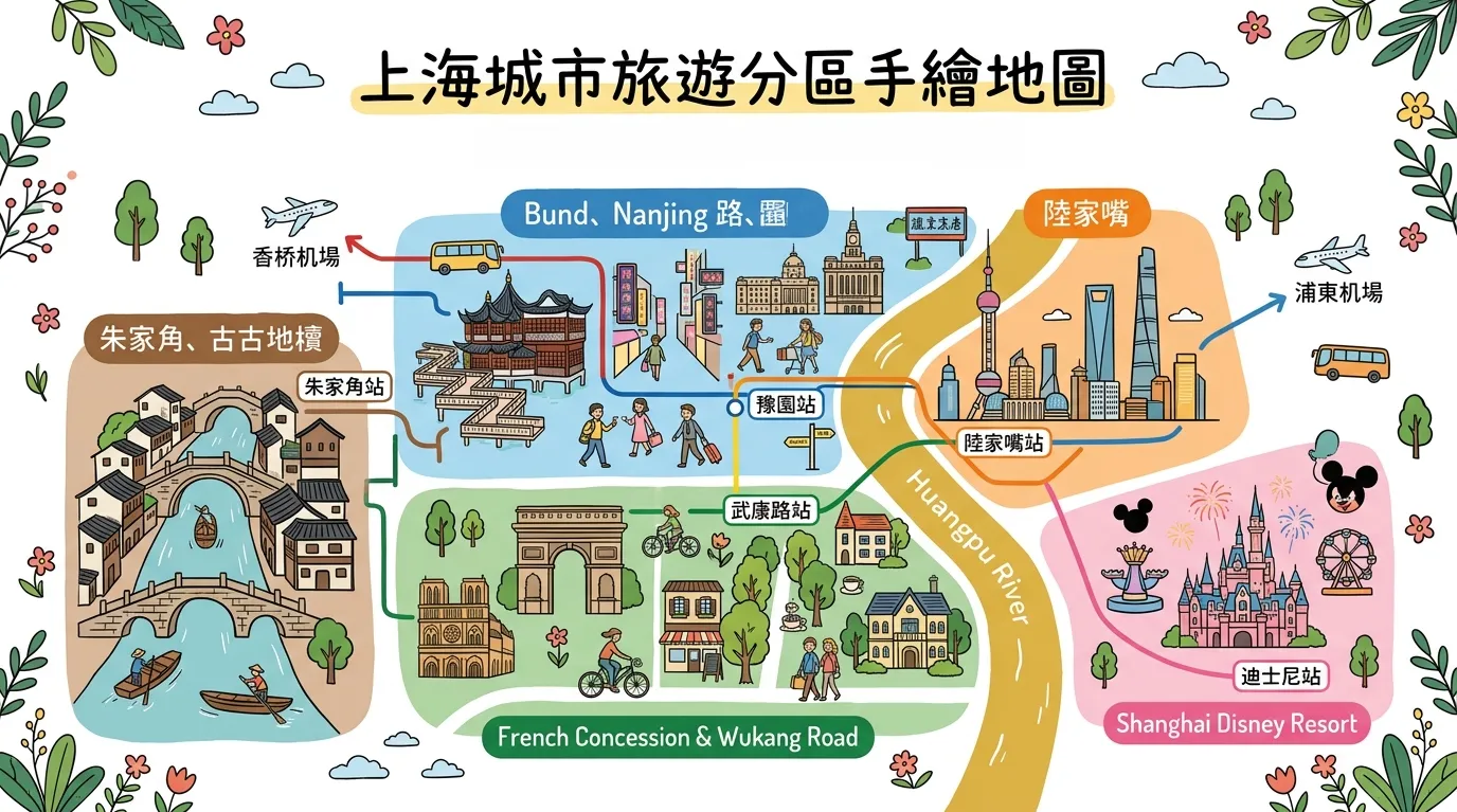 上海景點地圖-五大旅遊分區手繪攻略圖