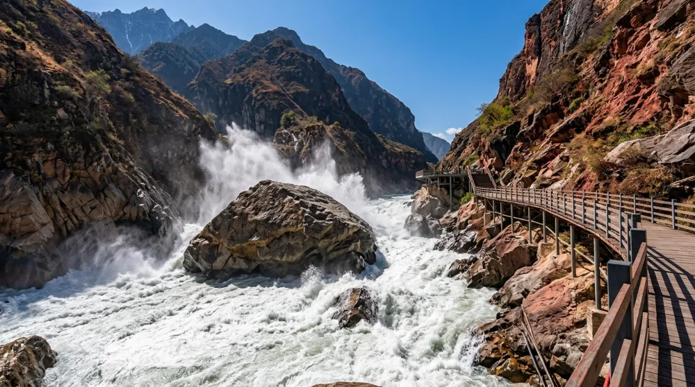 七彩雲南虎跳峽上虎跳巨石與奔騰金沙江水花 七彩雲南虎跳峽上虎跳巨石與奔騰金沙江水花