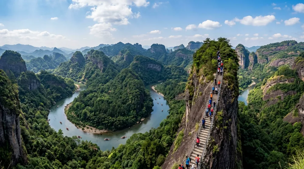 武夷山景點介紹天游峰俯瞰九曲溪彎曲河道之壯麗景觀 武夷山景點介紹天游峰俯瞰九曲溪彎曲河道之壯麗景觀