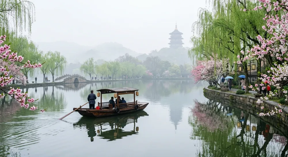 杭州天氣春季西湖煙雨濛濛與桃花盛開絕景 杭州天氣春季西湖煙雨濛濛與桃花盛開絕景