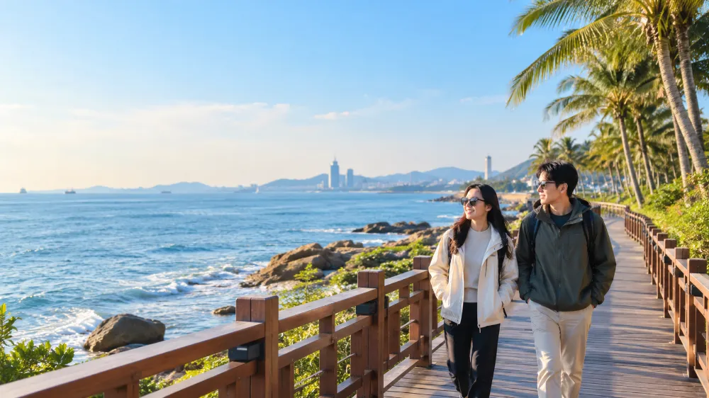廈門12月天氣穿著攻略主視覺,旅人穿著防風外套在環島路海邊漫步的暖冬場景 廈門12月天氣穿著攻略主視覺,旅人穿著防風外套在環島路海邊漫步的暖冬場景