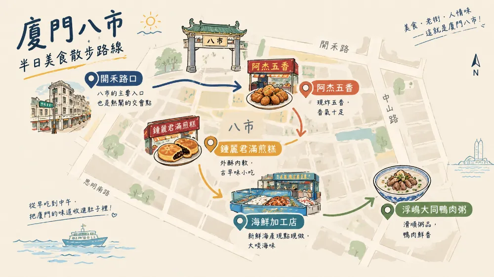 廈門八市半日美食漫遊行程路線圖,標示阿杰五香、滿煎糕與海鮮加工店等站點 廈門八市半日美食漫遊行程路線圖,標示阿杰五香、滿煎糕與海鮮加工店等站點