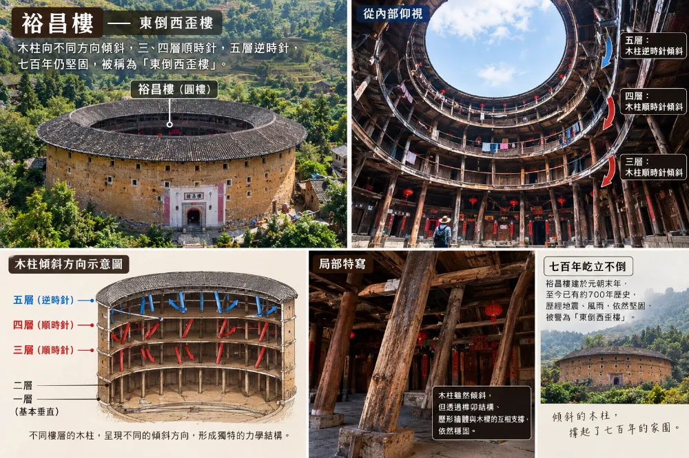 裕昌樓內部木柱向不同方向傾斜,三、四層順時針、五層逆時針,七百年仍堅固,被稱東倒西歪樓。 裕昌樓內部木柱向不同方向傾斜,三、四層順時針、五層逆時針,七百年仍堅固,被稱東倒西歪樓。