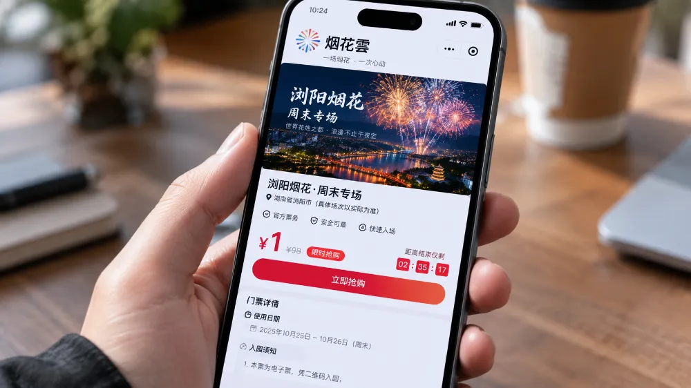 瀏陽週末焰火秀1元門票預約頁面,烟花雲微信小程序截圖 瀏陽週末焰火秀1元門票預約頁面,烟花雲微信小程序截圖
