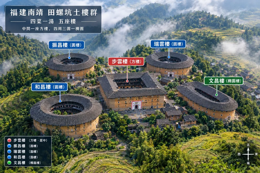 田螺坑四菜一湯五座樓名稱標註圖,步雲樓為方樓居中,振昌樓、瑞雲樓、和昌樓為圓樓,文昌樓為橢圓樓。 田螺坑四菜一湯五座樓名稱標註圖,步雲樓為方樓居中,振昌樓、瑞雲樓、和昌樓為圓樓,文昌樓為橢圓樓。