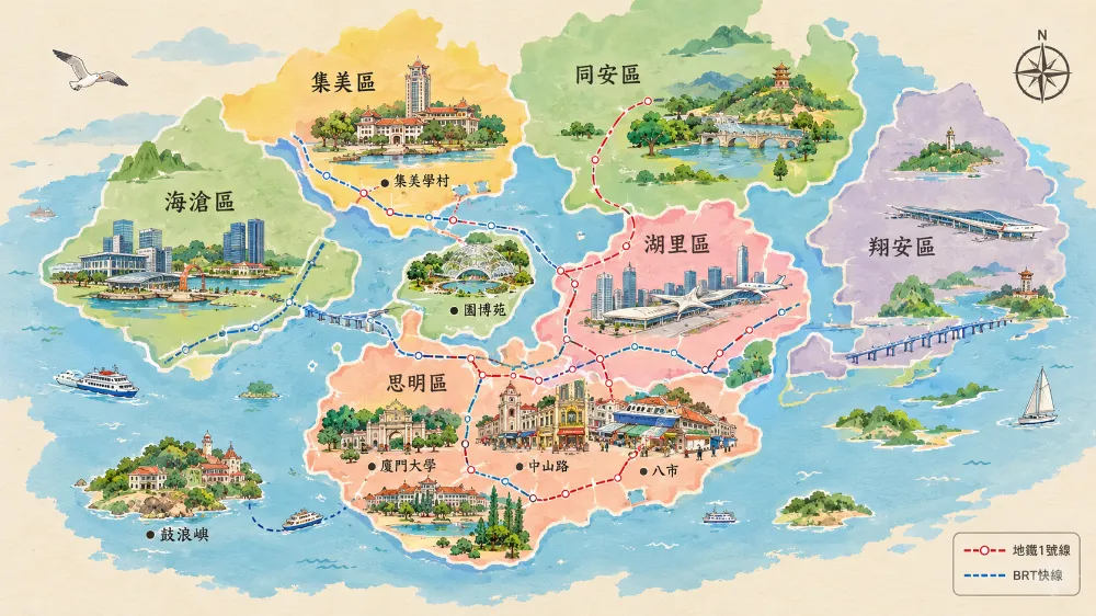 廈門旅遊地圖總頁手繪風格,標註六區景點分布與地鐵BRT路線走向 廈門旅遊地圖總頁手繪風格,標註六區景點分布與地鐵BRT路線走向