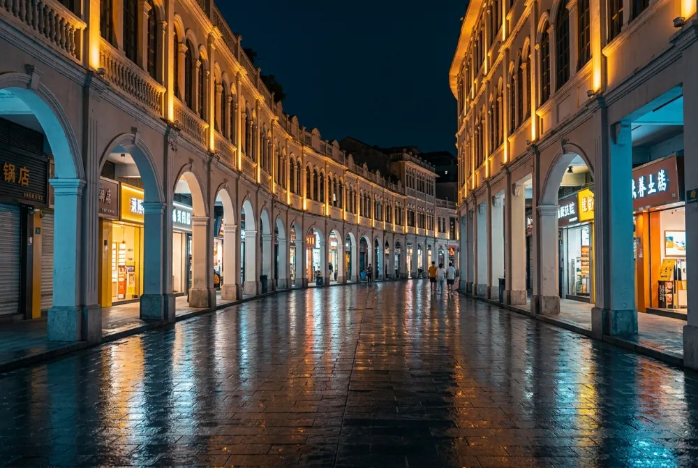 廈門中山路步行街夜景，南洋騎樓建築與暖黃燈光
