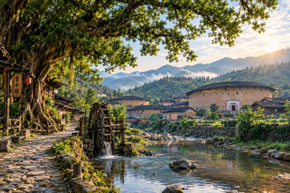 土樓村落全景,強調不是江南水鄉 土樓村落全景,強調不是江南水鄉