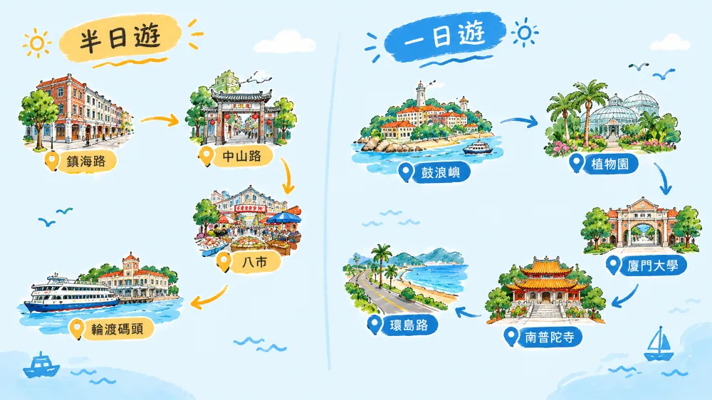 廈門旅遊地圖行程串聯示意圖,半日遊與一日遊路線從鎮海路到環島路 廈門旅遊地圖行程串聯示意圖,半日遊與一日遊路線從鎮海路到環島路