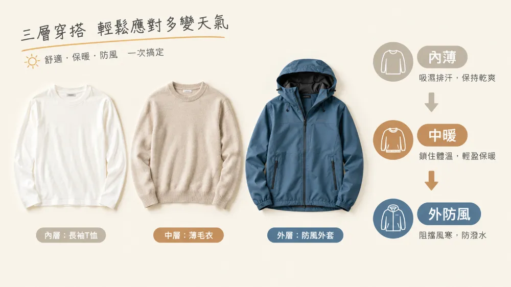 廈門12月洋蔥式三層穿衣法示意圖,內薄中暖外防風的穿搭建議 廈門12月洋蔥式三層穿衣法示意圖,內薄中暖外防風的穿搭建議
