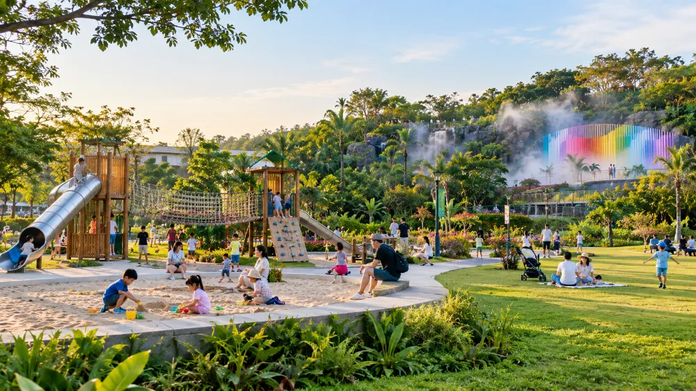 廈門免費親子景點忠崙公園,兒童在沙坑與滑梯區玩耍的實景 廈門免費親子景點忠崙公園,兒童在沙坑與滑梯區玩耍的實景