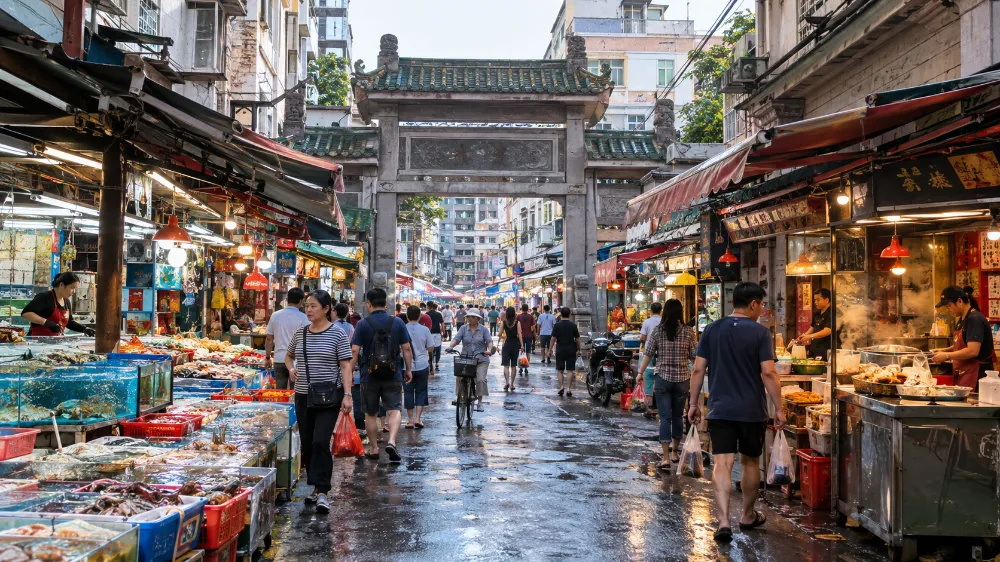 廈門八市入口的市場街景,兩側是海鮮攤與老字號小吃攤,展現老廈門美食的煙火氣 廈門八市入口的市場街景,兩側是海鮮攤與老字號小吃攤,展現老廈門美食的煙火氣