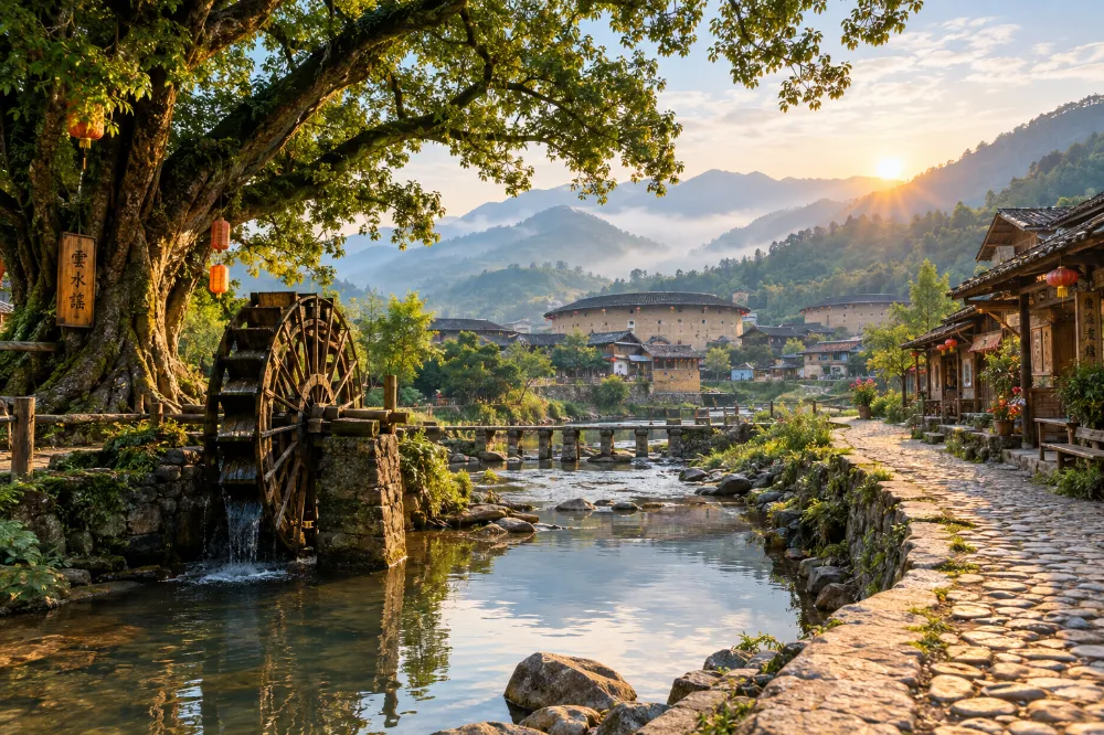 清晨雲水謠全景:溪流、老榕樹、水車、鵝卵石古道 清晨雲水謠全景:溪流、老榕樹、水車、鵝卵石古道