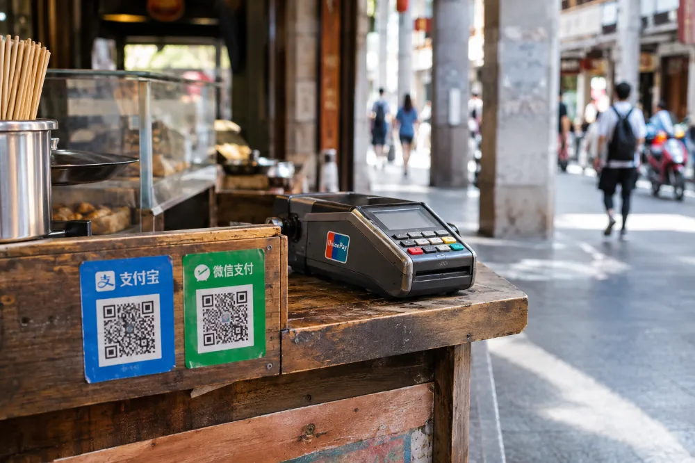 廈門街頭小吃攤位的櫃台上同時貼著支付寶與微信支付的二維碼收款碼,旁邊放著一台只印有銀聯標誌的刷卡機 廈門街頭小吃攤位的櫃台上同時貼著支付寶與微信支付的二維碼收款碼,旁邊放著一台只印有銀聯標誌的刷卡機