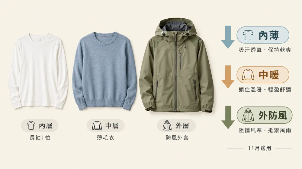 廈門11月洋蔥式三層穿衣法示意圖,內薄中暖外防風的穿搭建議 廈門11月洋蔥式三層穿衣法示意圖,內薄中暖外防風的穿搭建議