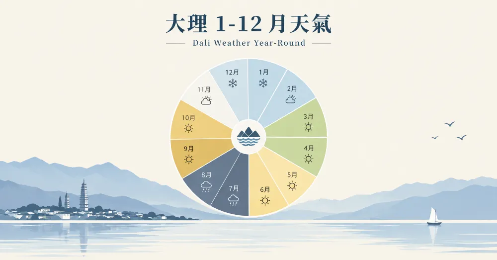 大理 1-12 月天氣全年時鐘錶盤海報——蒼山洱海背景搭配 12 個月氣溫降雨速查 大理 1-12 月天氣全年時鐘錶盤海報——蒼山洱海背景搭配 12 個月氣溫降雨速查