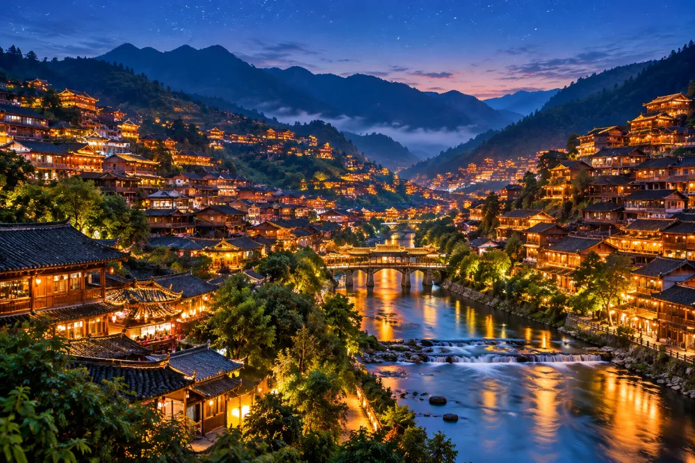 貴州西江千戶苗寨夜景——層層疊疊吊腳樓依山勢而建,亮起暖黃燈光,白水河穿寨而過
