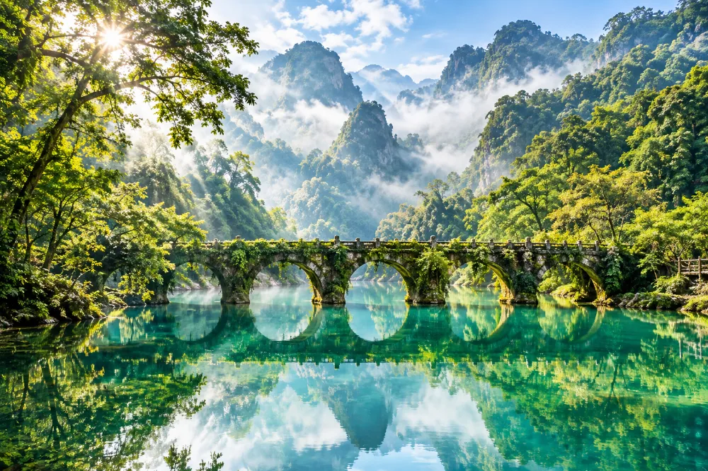 貴州荔波小七孔古橋——道光十五年建的青石橋橫跨翡翠色湖面,周圍是 68 級跌水瀑布