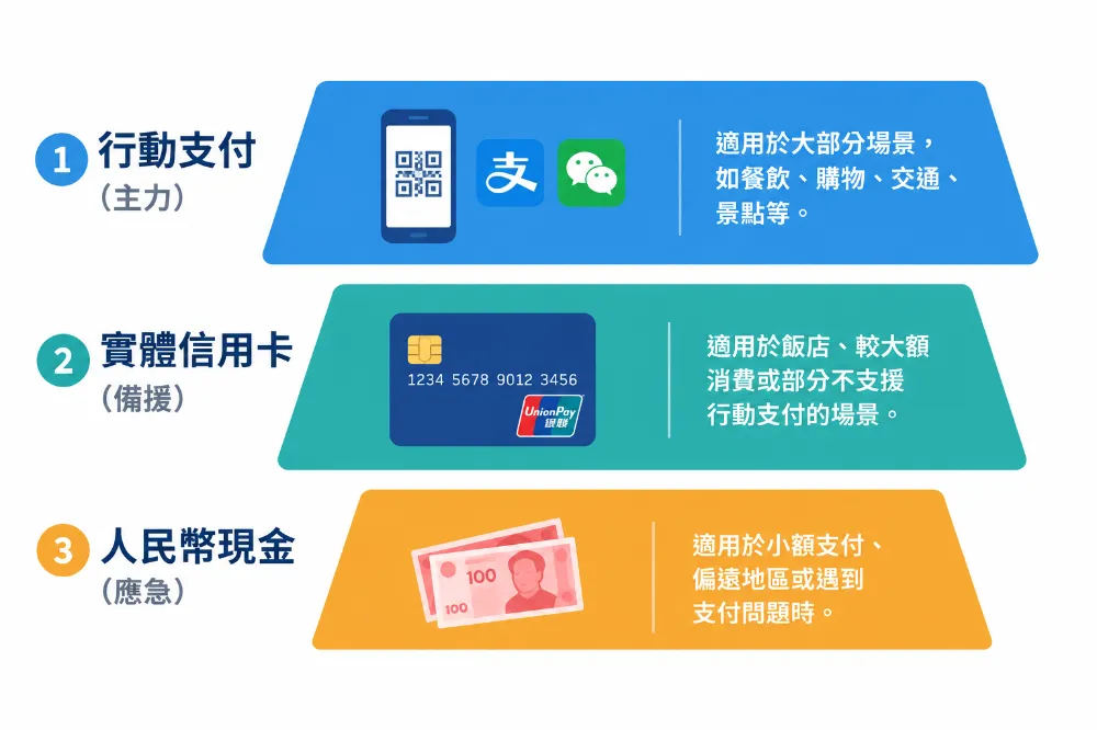 資訊圖表以三層堆疊呈現支付備援方案,由上而下分別為行動支付、實體信用卡與人民幣現金
資訊圖表以三層堆疊呈現支付備援方案,由上而下分別為行動支付、實體信用卡與人民幣現金